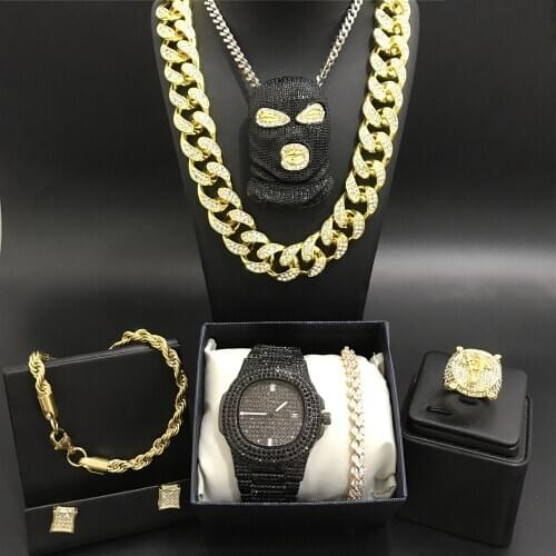 Luxury Men Black Watch Hip Hop Men Gold Crystal Miami Necklace Men Watch & Necklace& Braclete& Ring & Earrings Combo Set For Men