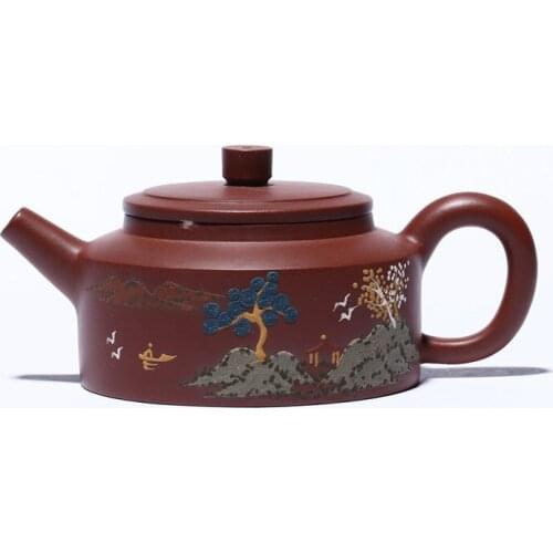 Handmade Yixing Purple Clay Pot Hand-carved and Painted Clear Cement Song Yunde Bell Pot Kung Fu Tea Set Household Teapot