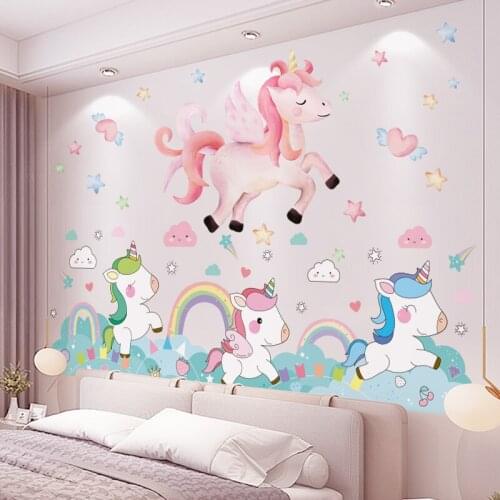 [SHIJUEHEZI] Cartoon Unicorn Rainbow Wall Stickers DIY Animal Mural Decals for Kids Room Baby Bedroom Nursery Home Decoration