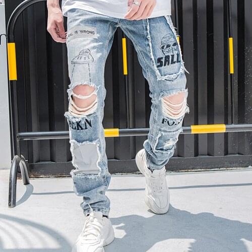 Reflective Men Hip Hop Jeans Skinny Ripped Vintage Biker Jogger Distressed Hole Baggy Denim Slim Fit Casual Pants