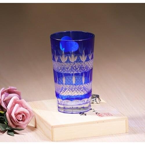 Japanese Style Hand-cut Edo Kiriko Blue Wiskey Cup Wine Glass 2 Pieces