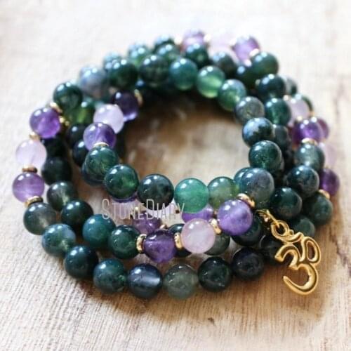 WMB36795 Moss Agate Mala 108 Mala Wrap Bracelet Yoga Mala Necklace Om Pendant Spiritual Jewelry Buddhist Prayer Bead