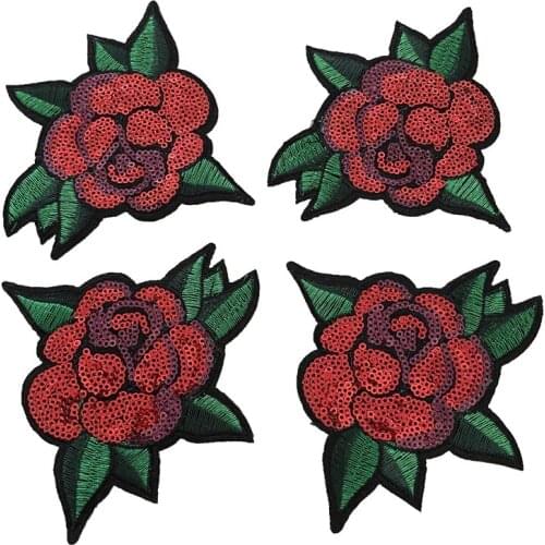 WUYUCONG 4pcs/lot Red Rose Sequined Iron on Patches for Clothes Sequins Floral Embroidery Appliques DIY Grament Accessories