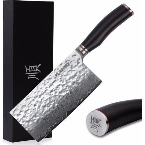 YOUSUNLONG Meat Cleaver 7 inch Vegetable Cleaver Japanese VG10 Hammered Damascus Natural Ebony Wood Handle