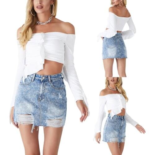 Chic Sexy Washed Mini Denim Skirt High Waist Frayed Hem Skinny Wild Casual Distressed Ripped Wrapped Hip Pencil Skirt