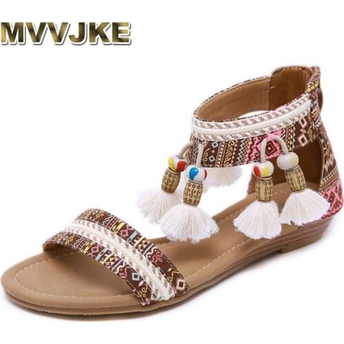 MVVJKESandals Women New 2020 Ethnic Beaded Sandals Women Bohemian Fringed Roman Sandals Womens Shoes