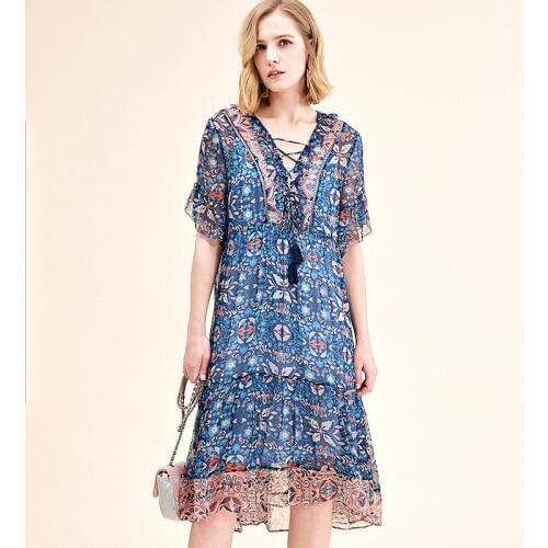 Floral silk dress tube maxi plus size women boho beach long dresses 2019 summer rockabilly robe Bohemia fem me sexy blue chiffon