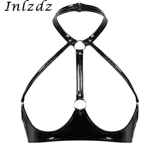 Womens Erotic Lingerie Sex Bra Top Wet Look Patent Leather Halter Neck Backless Open Cups Wire-free Unlined Hot Sexy Bra Top