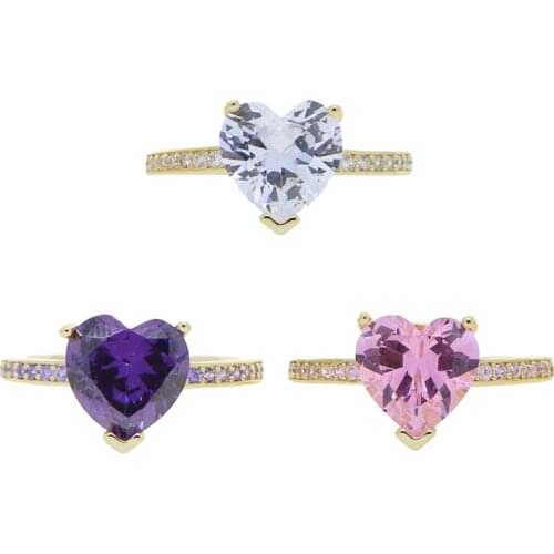 Gold Color White Purple Pink Heart Cubic Zirconia US Size 6 7 8 Engagement Wedding Ring For Women
