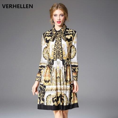 VERHELLEN High Quality 2019 Fashion Designer Runway Dress Autumn Womens Long Sleeve Retro Print Bow Slim Pleated Casual Dress