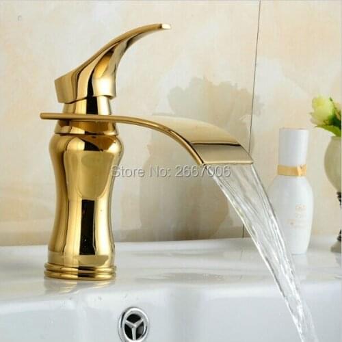 Free shipping Promotion Single Handle Design Wide Spout Brass tap Bathroom Golden Waterfall tap Basin Mixer Faucet Tap New ZR459