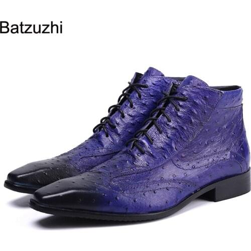 Batzuzhi Super Cool Mens Boots Small Square Toe Blue Genuine Leather Ankle Boots Men Lace-up Business/Party Botas Hombre,38-46