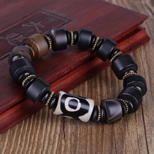 Classic matte cylinder brown black onyx semi precious stone gold spacer tibetan buddhism beads bracelet for man