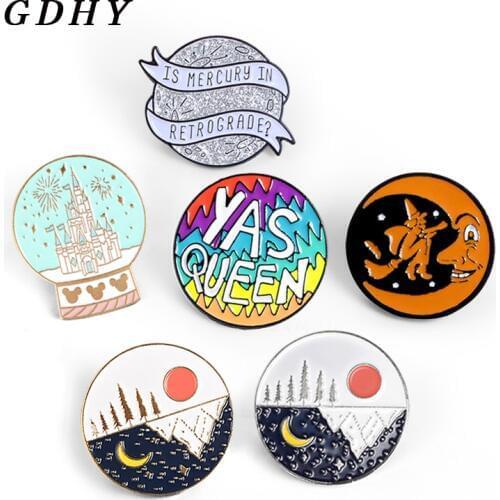 GDHY Brooch Planet Camping Explore castle Crystal ball Halloween Wizard Enamel Pins IS MERCURY IN RETROGRADE?,YES QUEEN Badge