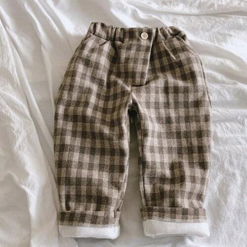 DFXD Korean Style Baby Boys Girls Long Plaid Fleece Trousers Winter Elastic Waist Thicken Straight Pants Warm Clothes For 2-7Yrs