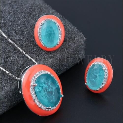 Newranos Enamel Jewelry Sets Oval Natural Crashed Stone Pendant Necklace Earrings Set Vintage Women Fashion Jewelry SFX0021384