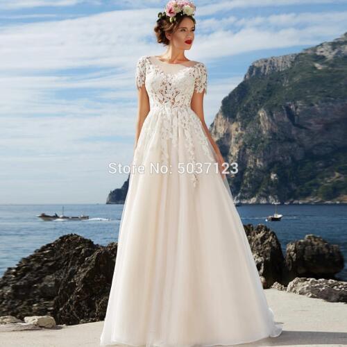 A Line Short Sleeves Wedding Dresses Button Illusion Back A Line O Neck Sweep Train Lace Appliques Vestido De Noiva Bridal Gown