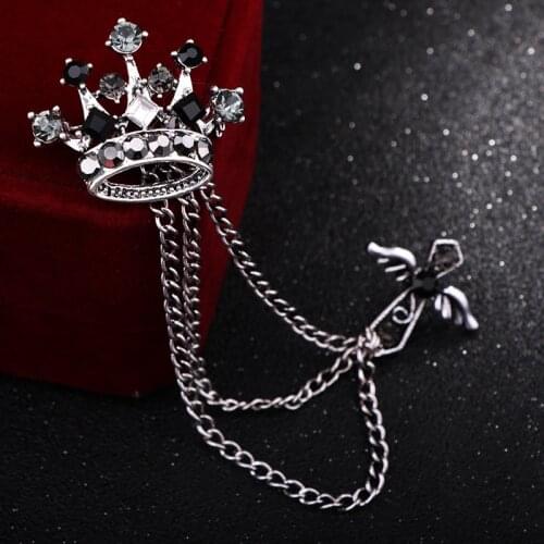 Mens Suit Coat Chain Brooches Pins Fashion Crown with Crystal Stone and Angle Style Neckline Brooches Accessory Wholesale 1112