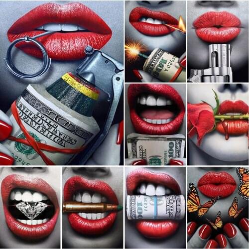 5D DIY Diamond Painting Portrait Woman Sexy Red Lip Cross Stitch Kit Full Drill Embroidery Mosaic Art Picture Rhinestones Decor