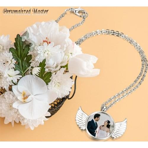 Personalized Master New Customized Photo Alloy Wing Pendant Necklace Engraved Date Name Necklace Gift For Lovers Parents Friends