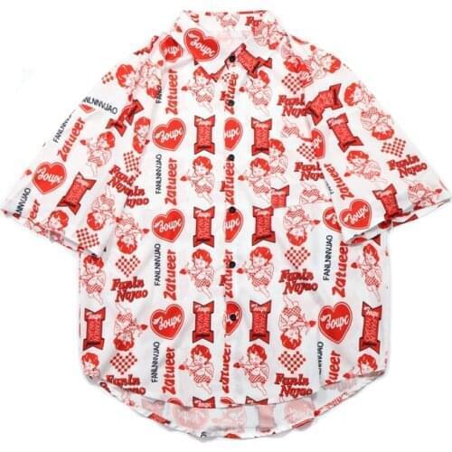 Summer Shirt Women Oversize Harajuku Cartoon Print Loose Short Sleeve Square Collar Blouse Single Breasted Straight Vintage Man