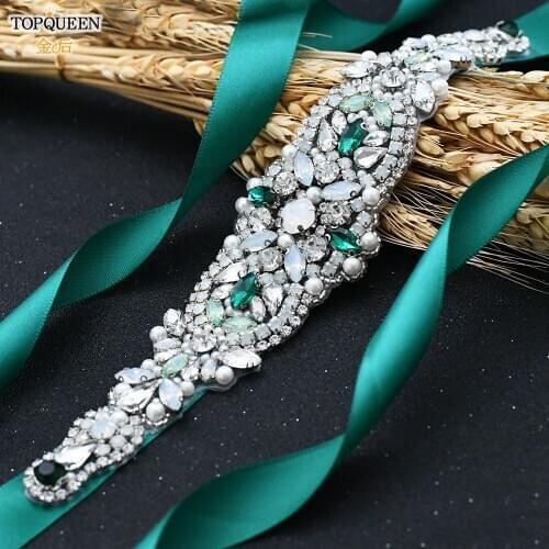 TOPQUEEN S452 Belts for Wedding Green Stones Bridal Belt Opal Pearl Rhinestone Bridesmaid Decorative Belts Crystal Wedding Sash