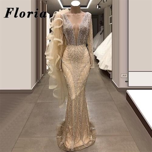Arabic Beaded Evening Gown African Deep V Neck Prom Dresses Long 2020 Crystals Pageant Party Dress Aibye Dubai Custom Gowns Robe