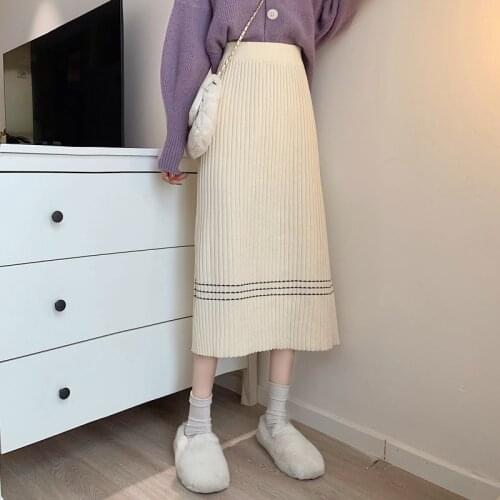 HOUZHOU Vintage Knitted Long Skirts Women Kawaii Stripe High Waist White Midi Skirt for Girls Korean Fashion Preppy Style Autumn