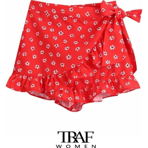 TRAF Za Women Fashion With Bow Floral Print Ruffled Shorts Skirts Vintage High Waist Back Zipper Female Skirts Mujer