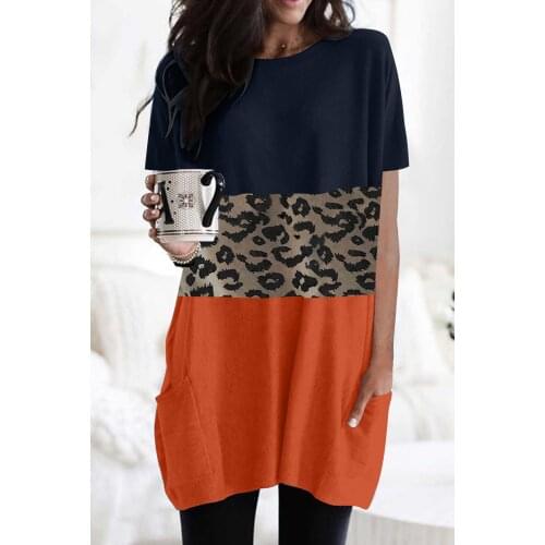 Womens round neck short sleeve stitching cotton linen belt pocket casual loose fashion long T-shirt