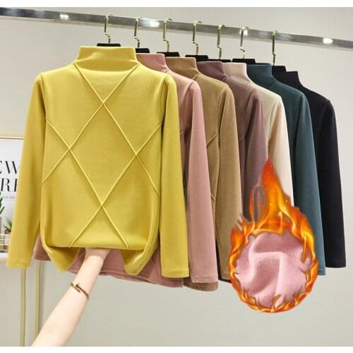 Women Autumn Fleece Buttoming T Shirt Casual Slim Turtleneck Velvet Long Sleeve Womens T-shirt Fall Tops Mujer Tshirts Tees