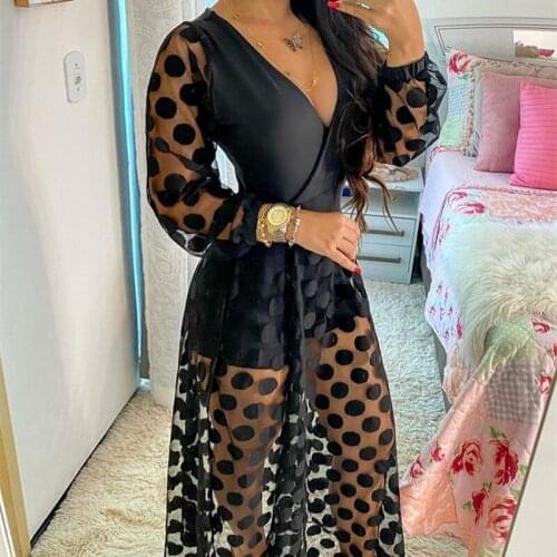 See Through Party Wedding Formal Elegant Boho V Neck 2021 Womens Clothing Spring Polkadot Print Wrap Long Sleeve Maxi Dress