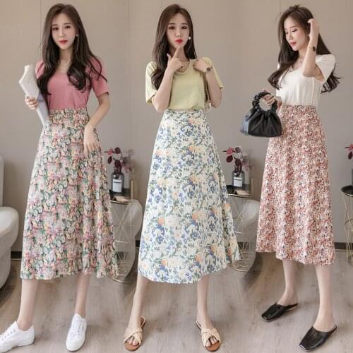 2021 Summer Chiffon Midi Skirt Female Korean Silk Fabric Lined Mid-length A-line Skirt for Young Women Pencil Skirt BSQ391