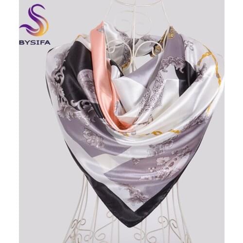 [BYSIFA] Black Grey Women Silk Scarf Hijab 2019 Fall Winter Scarves Shawls Brand Plaid Design Satin Neck Scarf Yellow,Pink,Red