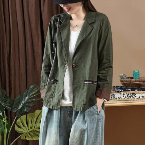 2020 Autumn New Arts Style Women Long Sleeve Loose Casual Blazers Single Button 100% Linen Vintage Blazer Femme Coats M307
