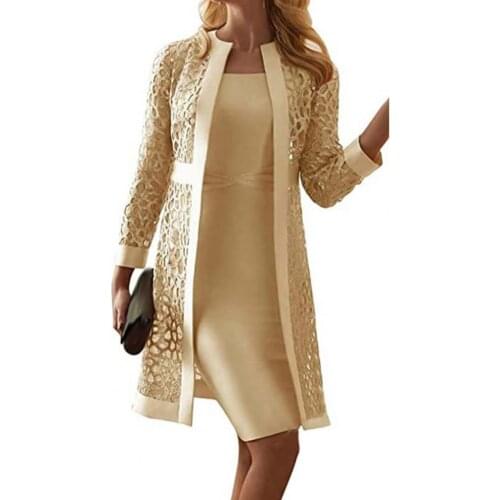 1 Set Women Autumn Coat Dress Set Long Sleeve Contrast Color Lace Solid Color O Neck Outwear Mini Dress 2021