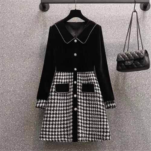 2021 Fall Chic Black Velvet Spliced Houndstooth Vintage Dresses For Women Korean Fashion Pearl Button Tweed Plaid Party Dresses