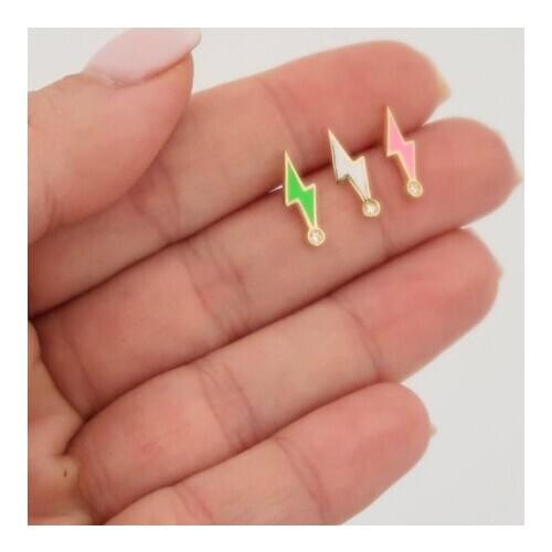 100% 925 Sterling silver 2021 Summer new arrived colorful Neon enamel lighting bolt stud earring minimal delicate small stud