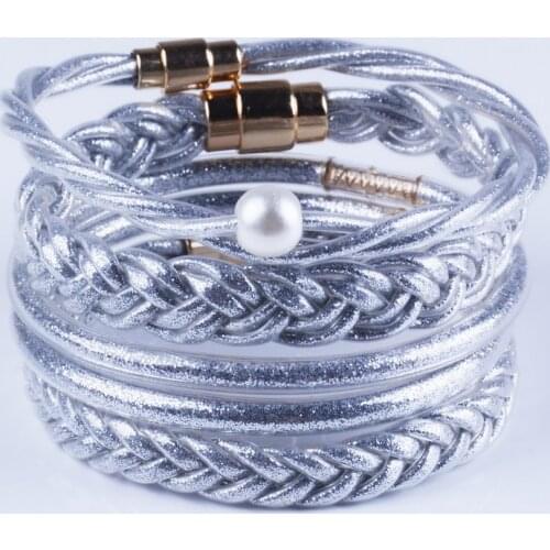 2021 Trendy PU Leather Weave Bracelets Set for Women Children All Weather Bangle Stack Silicone Plastic Glitter Jelly Bracelet