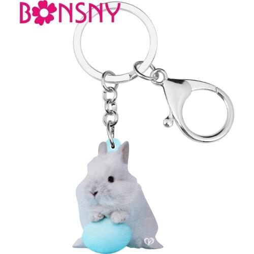 Bonsny Acrylic White Easter Eggs Hare Rabbit Bunny Keychains Keyring Pet Animal Key Chain Jewelry For Women Kid Gifts Decoration