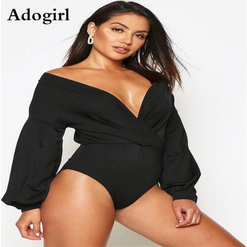 Wrap V Neck Sexy Black/wine red Bodysuits Women Long Lantern Sleeve Party Romper Fashion Slim Fit Fashion Solid Color Bodysuit