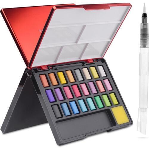 FABER CASTELL 24 Color Professional Glitter Pearlescent Shiny Metallic Solid Watercolor Paint Set Box With A Water Brush Pen