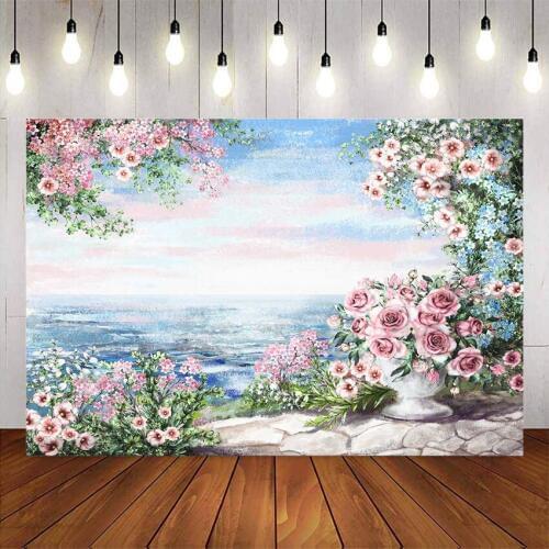 Oil paint floral backdrop blue sea flowers newborn phtoography background kids portrait photo background studio photocall
