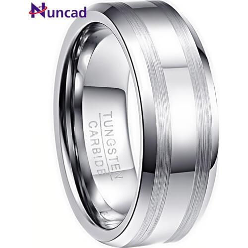 Nuncad Mens 8mm Polished Tungsten Carbide Ring Wedding Band Rings Beveled Edge Satin Brushed Stripes Size 6 To 14