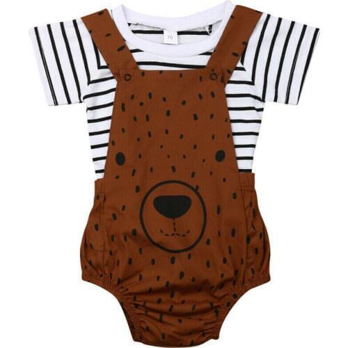 2019 Newest Modis Toddler Kids Baby Boy Girl Clothes Stripe T-shirt Bear Bib Pant Overalls Rompers Outfits Sunsuit