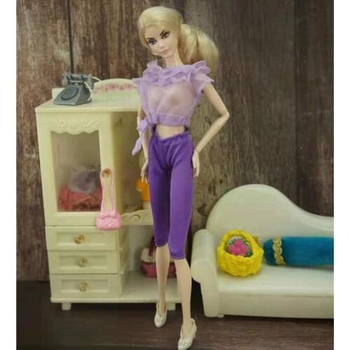 Charming See-through Purple Shirt Top Cropped Pants Trousers Outfits Set for Barbie Clothes Kurhn Clothing 1/6 Dolls Accessories