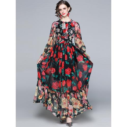 2021 Summer Boho Beach Chiffon Maxi Dress Womens Lantern Sleeve Charming Floral Print Elastic Waist Elegant Holiday Long Dress