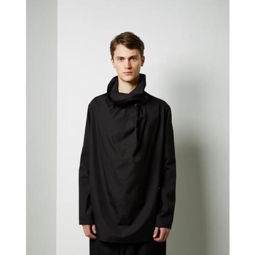 S-6xl Men Clothing Autumn And Winter Black High Collar Heap Pleated Long-sleeved Shirts Fashion Pullover Shirts Loose Costumes