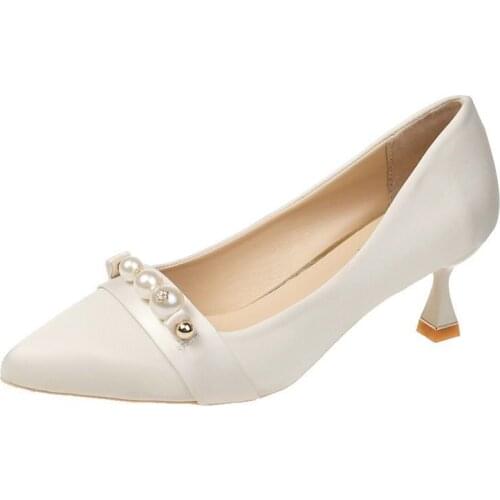 2021New Ladies Pumps Pointed Toe 5.5cm Spike Heels Slip-On Pearl Elegent Soft Classic Korean Stylish And Simple Womens Shoes