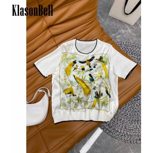 7.5 KlasonBell Silk T-Shirt Women Casual Fashion Print Pattern Patchwork Comfortable Tee